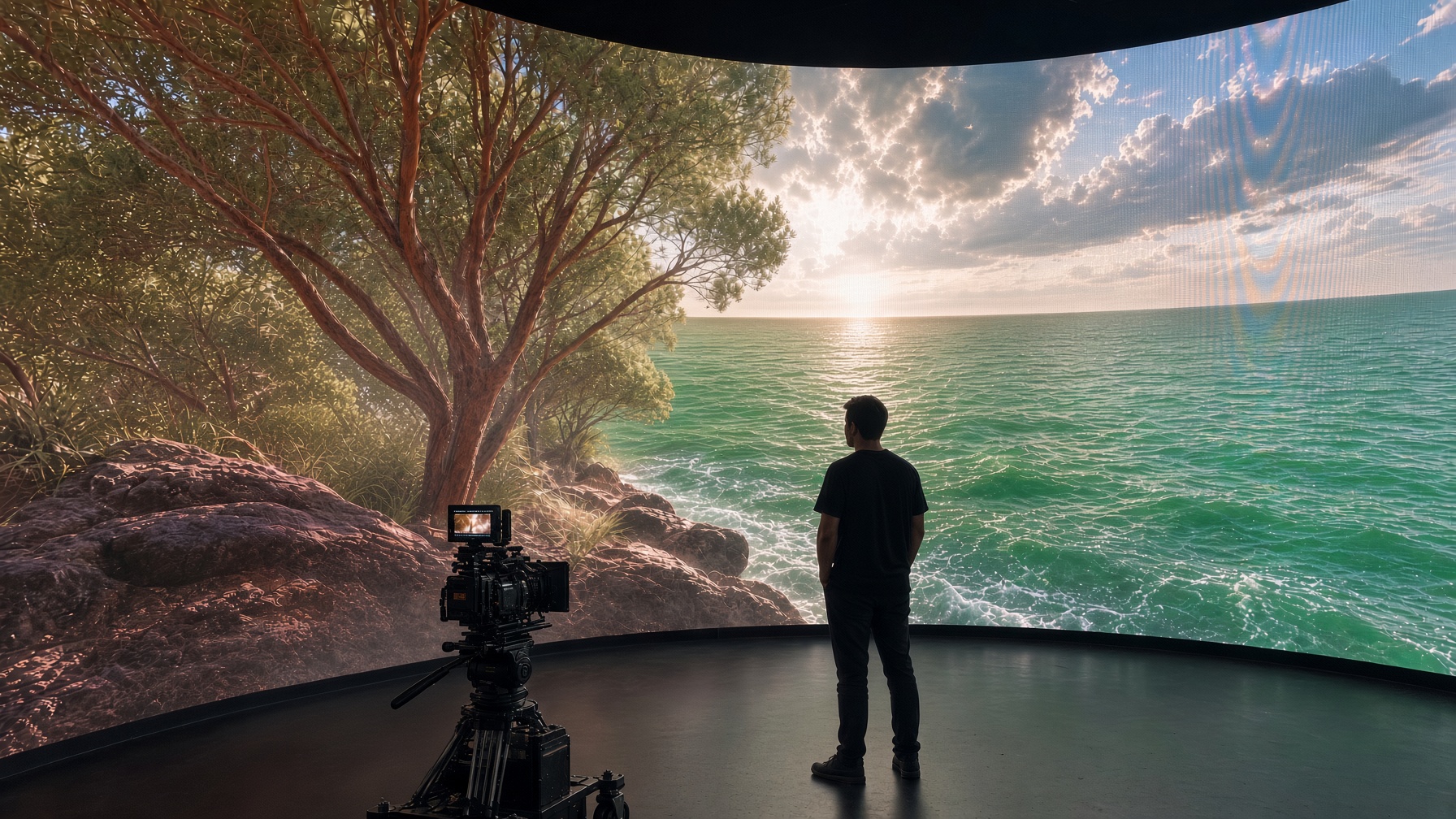 Virtual production stage with a cinematic coastal environment
