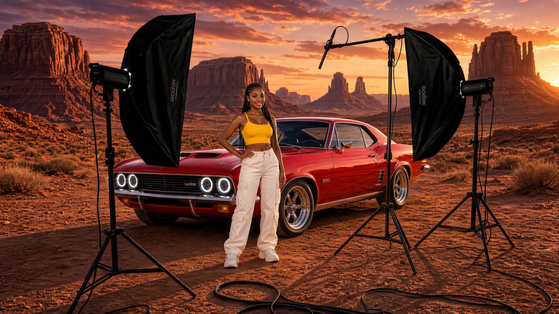 Studio subject composited into a desert landscape