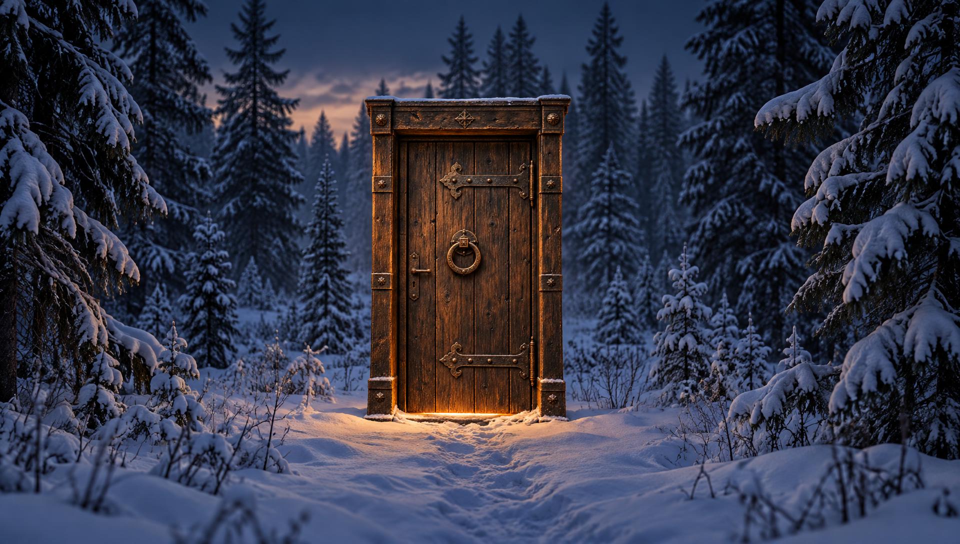 An old wooden door standing in a snowy taiga clearing at dusk