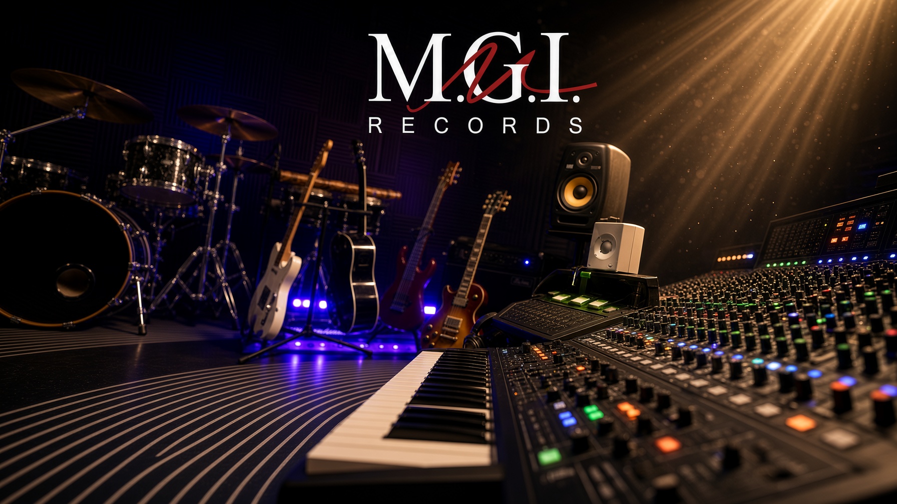 Mixing console, keyboards, drums and guitars in the M.G.I studio