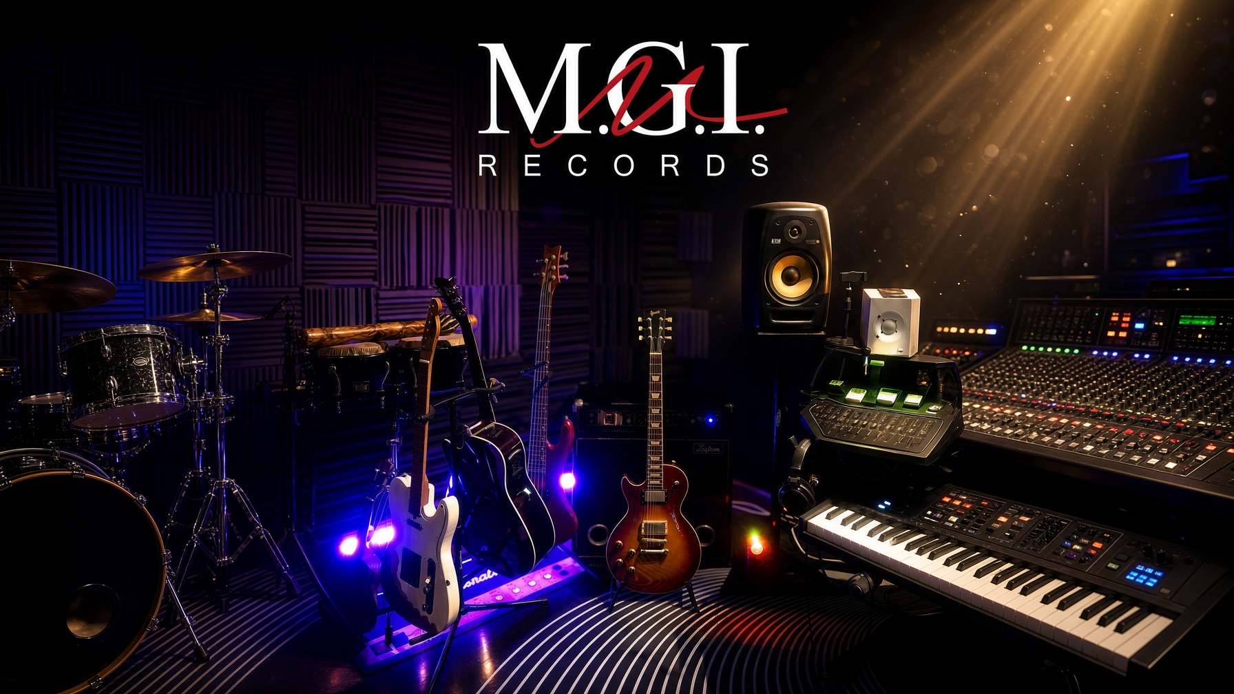 M.G.I recording studio with instruments, keyboards and mixing console