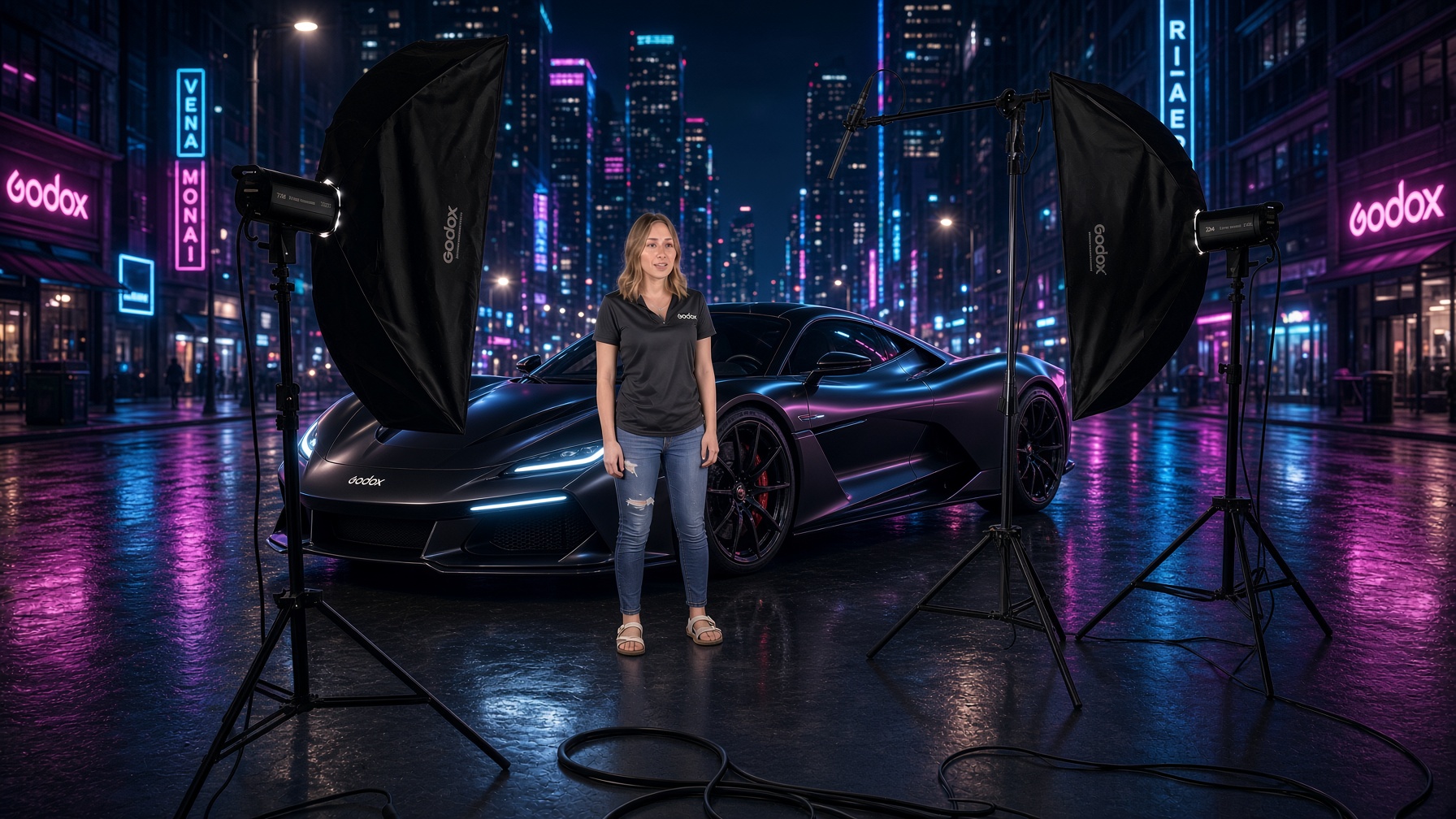 Studio subject composited into a neon city environment